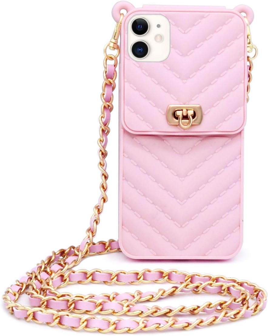 LUVI Fusicase for iPhone 11 Wallet Case with Neck Strap Crossbody Strap Lanyard Handbag Wrist Strap Protective Cover Credit Card Holder Slot Purse for Girls Women Silicone Case for iPhone 11 Pink