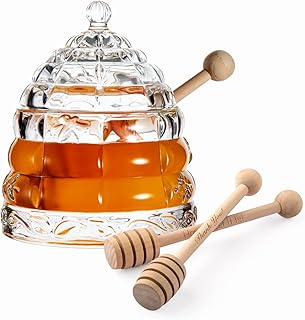 Honey Jar Dish with 3 Dippers, Honey Jar and Dipper Set, Large Glass Honey Pot storage with Lid and Inscribed Wooden Honey...