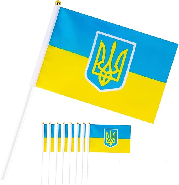 Tanness 10Pcs Hand Wave Ukrainian Flag | Mini Pocket Ukrainian Flags | Stick Flags Decor for Party Festival Parades Sports Events Decoration (14 x 21 CM)