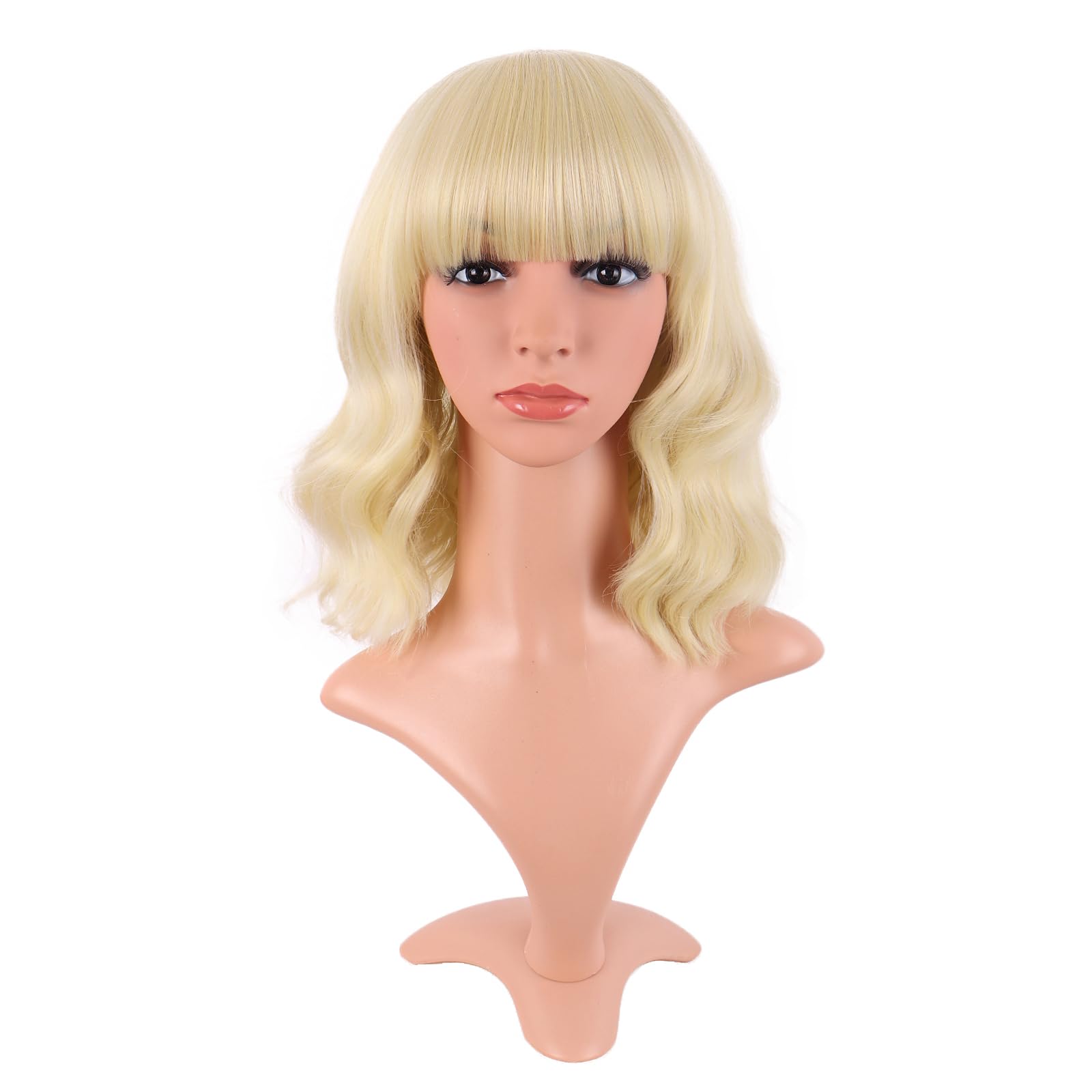 MapofBeauty 14 Inch/35 cm Short Wavy Curly Women Fresh Bright Synthetic Ordinary Flat Bangs Bob Wig (Mixed Blonde)