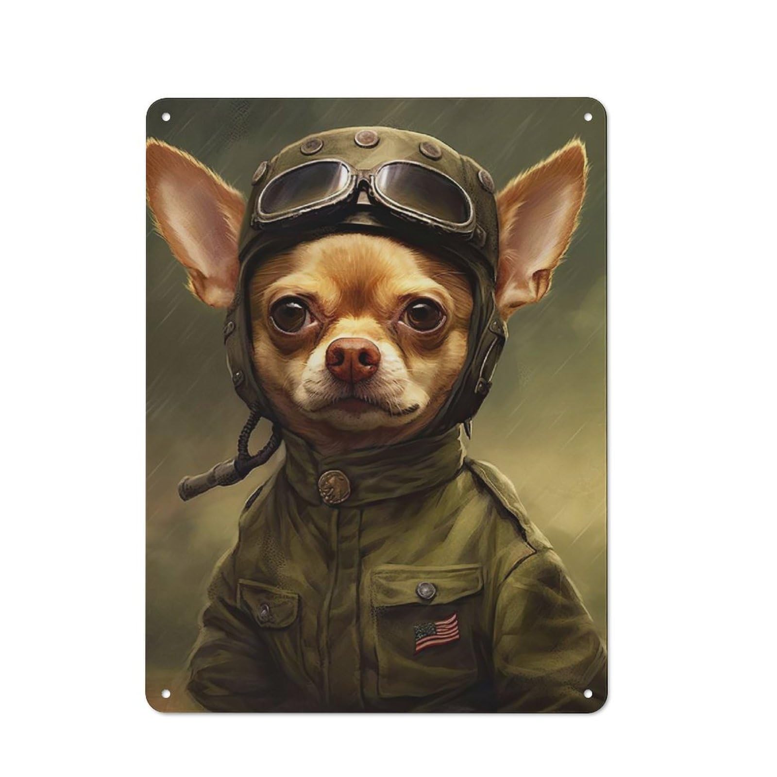 Simple Retro Chihuahua Soldier Metal Wall Plaque 40x30cm, Creative Space Decor for Office, Study, Studio Or Hallway