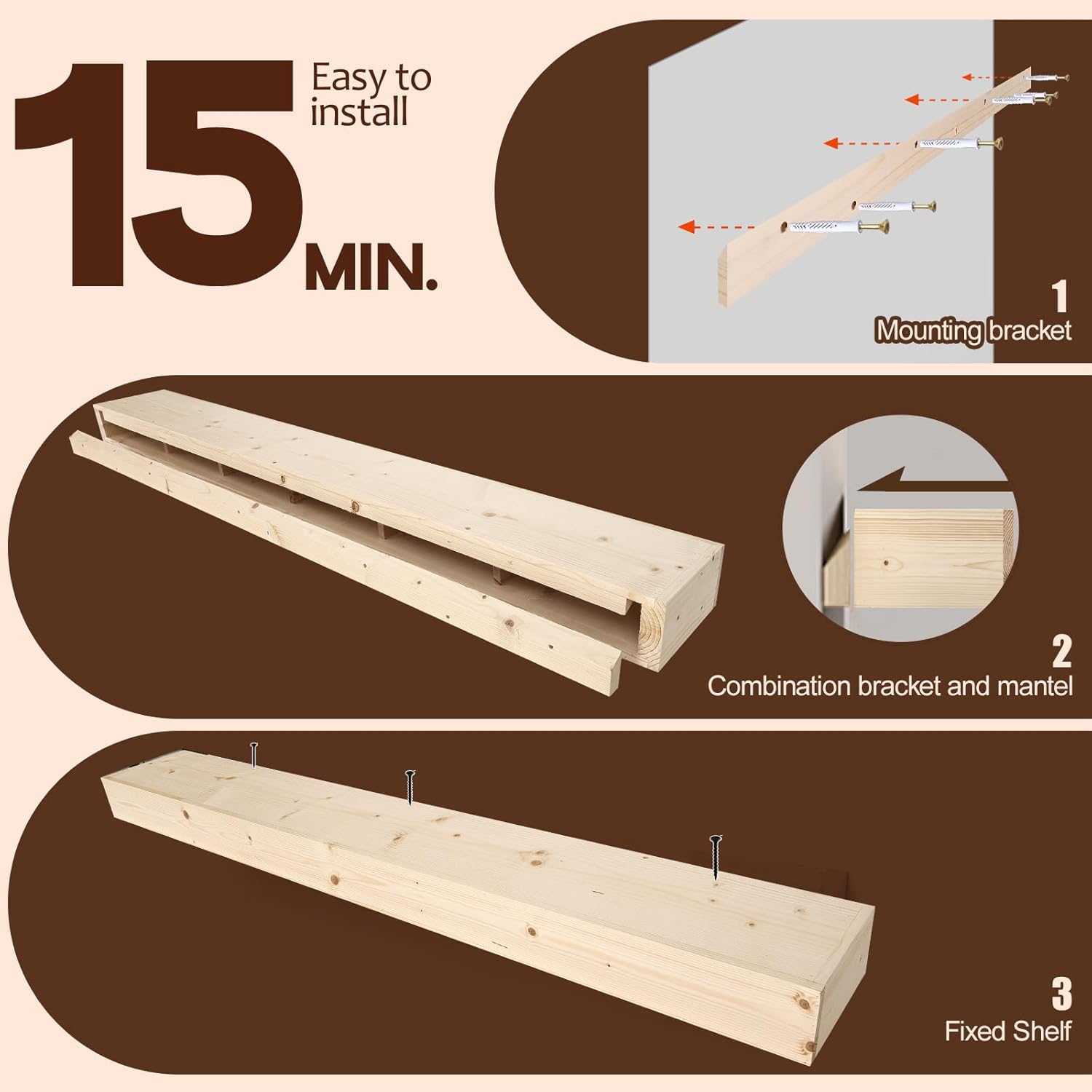 Fireplace Mantel Shelf, 48" Wooden Floating Shelf for Over Fireplace, Wall-Mounted Mantel Shelves, Decorative Mantels, Rustic Floating Mantels Shelves, Natural Wood