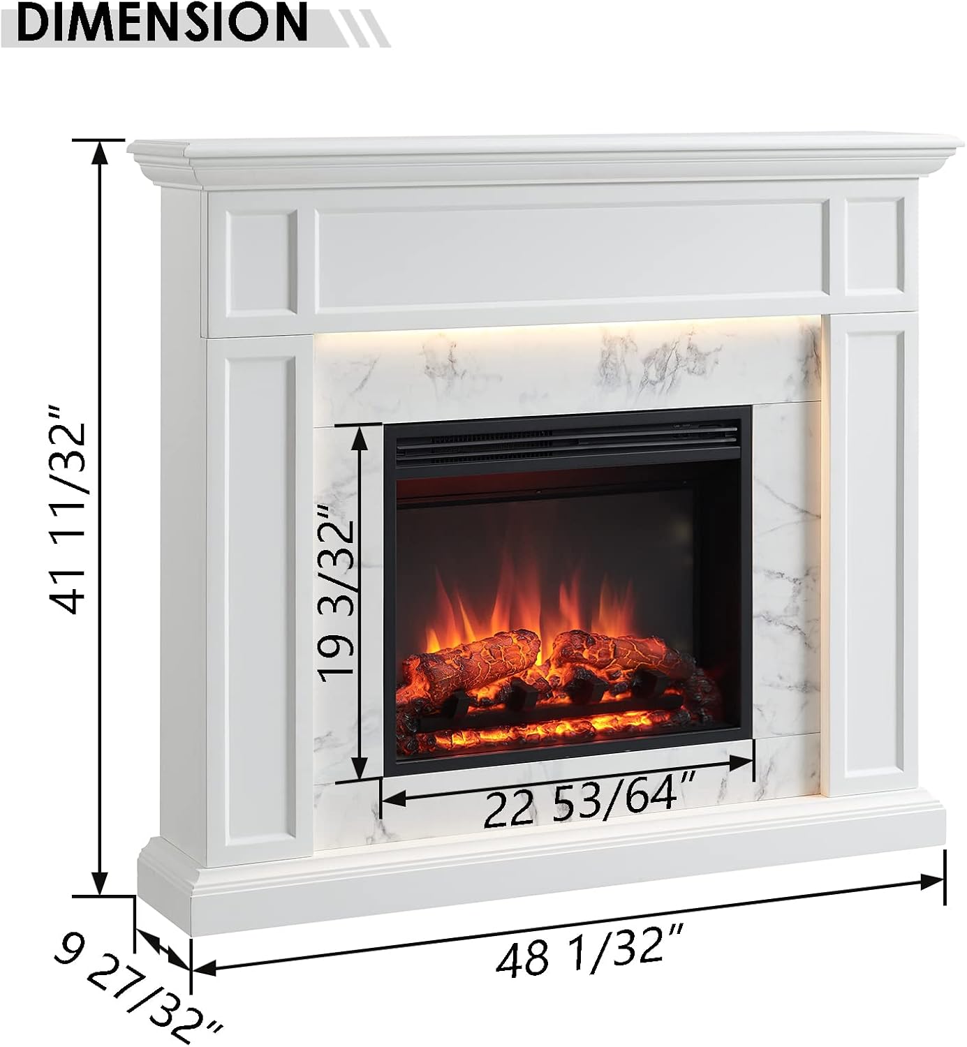 LegendFlame Fireplace Suite Sheraton, 48 Inch Mantel Surround, Cream White with Snow White Marble Pattern Finish, with 23 Inch Electric Fireplace Insert, 750W/1500W, Mood Light, Remote Control