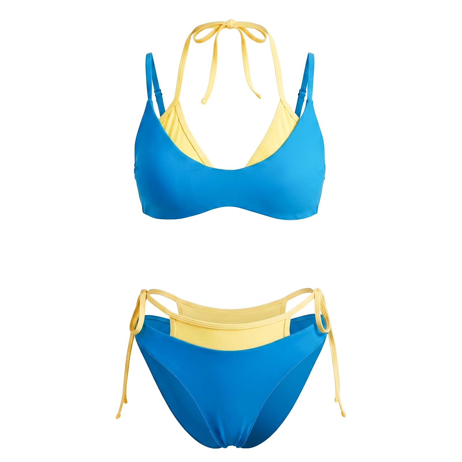 Sexy outfit Damski komplet bikini typu stringi wiązany na szyi Dwuwarstwowy strój kąpielowy z blokiem kolorów, wiązany po bokach na imprezę przy basenie na plaży