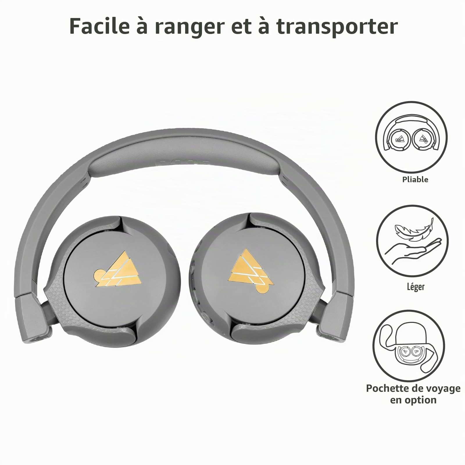 POGS Casque d'écoute Bluetooth sans Fil Kids | Le Gecko 2 | Casque réglable et Durable pour Enfants de 3 Ans et Plus | Volume limité à 85 DB | Microphone | Fonction de Partage de Musique (rGris)