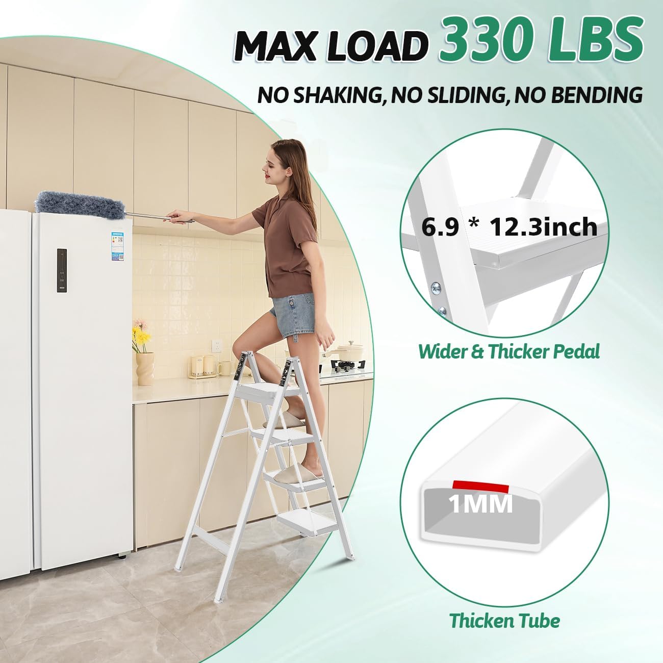 4-step folding ladder, heavy duty ladders for home & kitchen, folding ladder easy to store, tall ladder for adults, anti-slip & space-saving step ladder, 330 lbs capacity, white white 4 step ladder