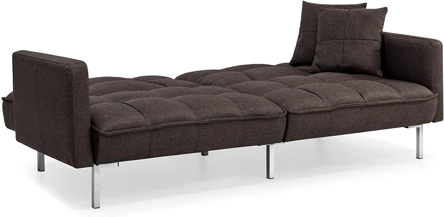 Best Choice Products Linen Upholstered Tufted Convertible Splitback Sleeper Futon w/Pillows, Brown