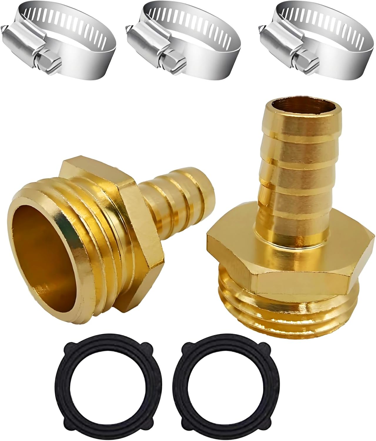 Brass Garden Hose Adapter Fitting, 3/8” Barb and 3/4” GHT Male Connector, Heavy-Duty High-Pressure Support, Rust and Corrosion Resistant (2PCS)