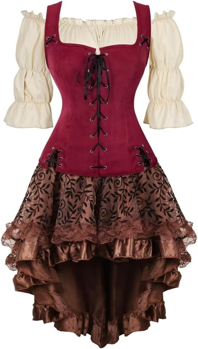 Renaissance Costume Women Set Pirate Vest Shirt Medieval Dress Peasant Tops Irish Dress
