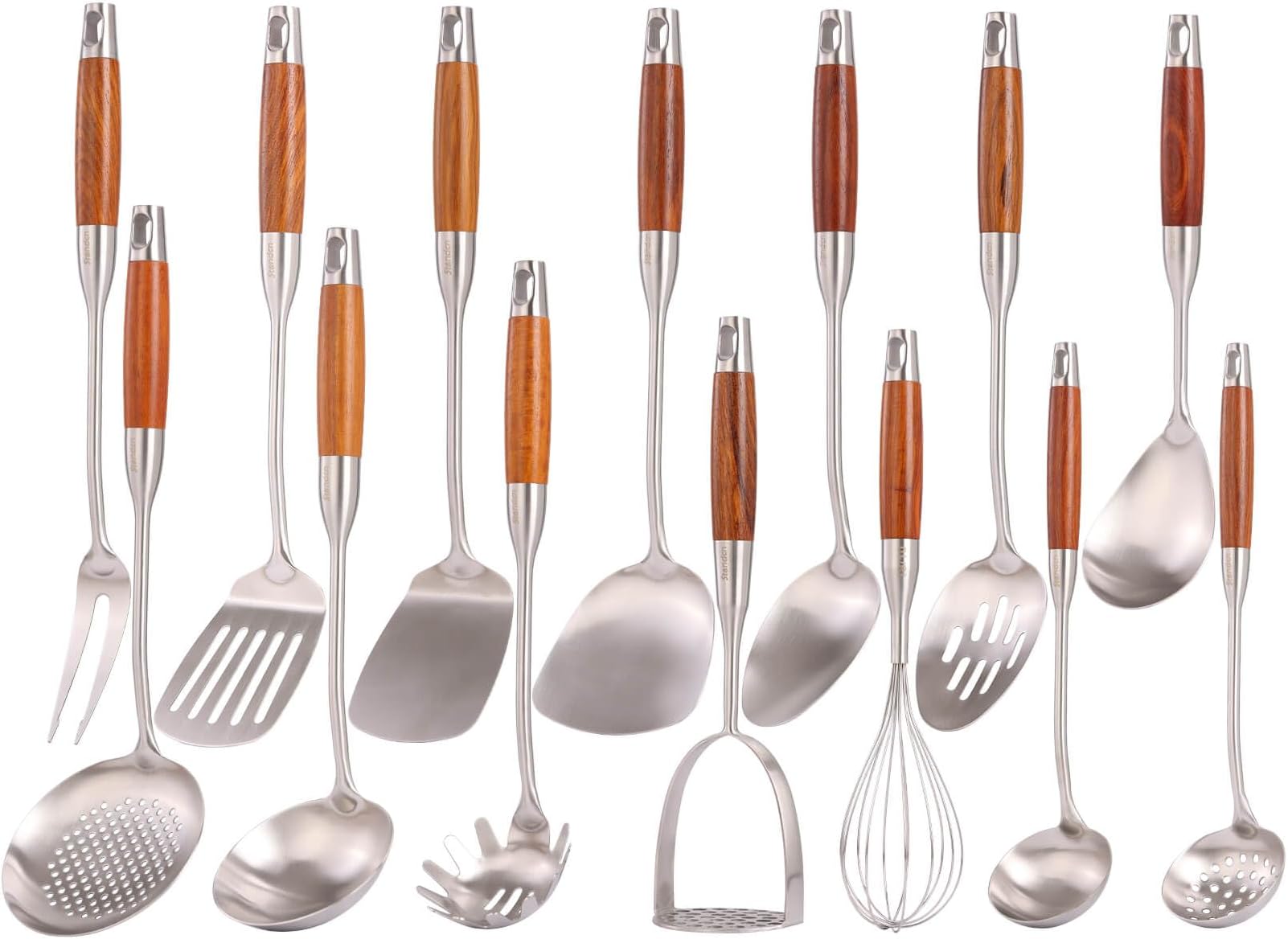 15โ Metal Kitchen Utensils Set with RooseWood Handle - 18/10 Stainless Steel Cooking Utensils, 14 PCS Large & Small Spoons Set - Whisk, Masher, Fork, Spatula, Turner, Ladle, Skimmer, Pasta