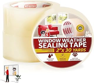 XFasten Transparent Window Weather Stripping Tape 2”x30yds (3-Pack Total 90yds), No Residue Insulation Tape for Windows and Doors, Winter Window Seal