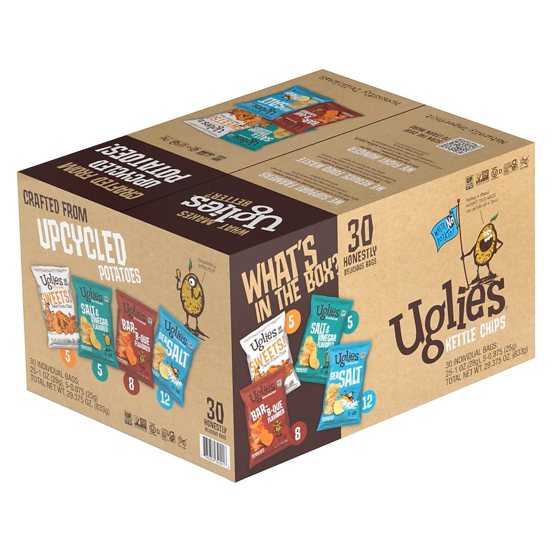 Uglies Kettle Potato Chips Variety Box, Sea Salt, Bar-B-Que, Salt & Vinegar, Sweet Potato, 30 Bags, Gluten-Free, Non-GMO
