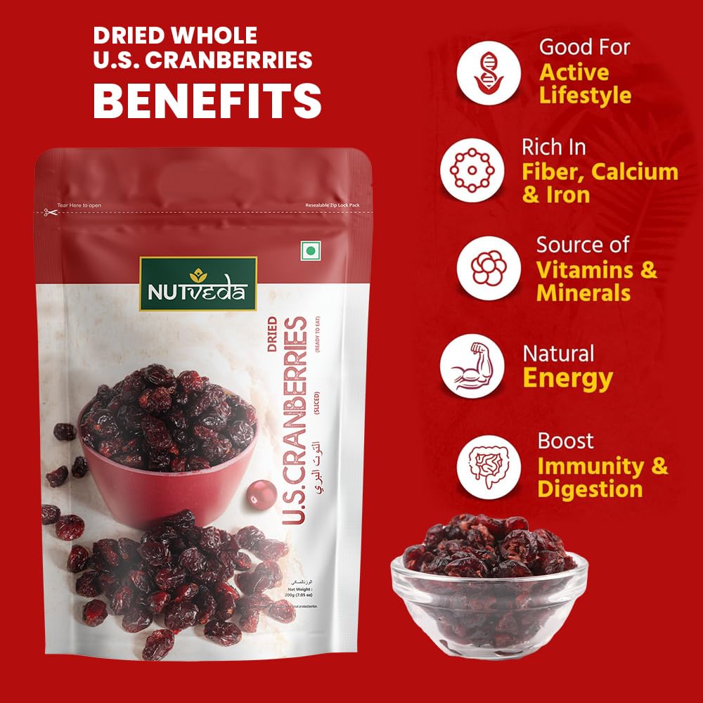 NUTVEDA Dried U.S. Cranberry (Sliced) 200g - Ready To Eat | Improves Eyesight | Rich in Dietary Fiber, Antioxidants, Vitamins & Minerals. - Image 4 thumbnail