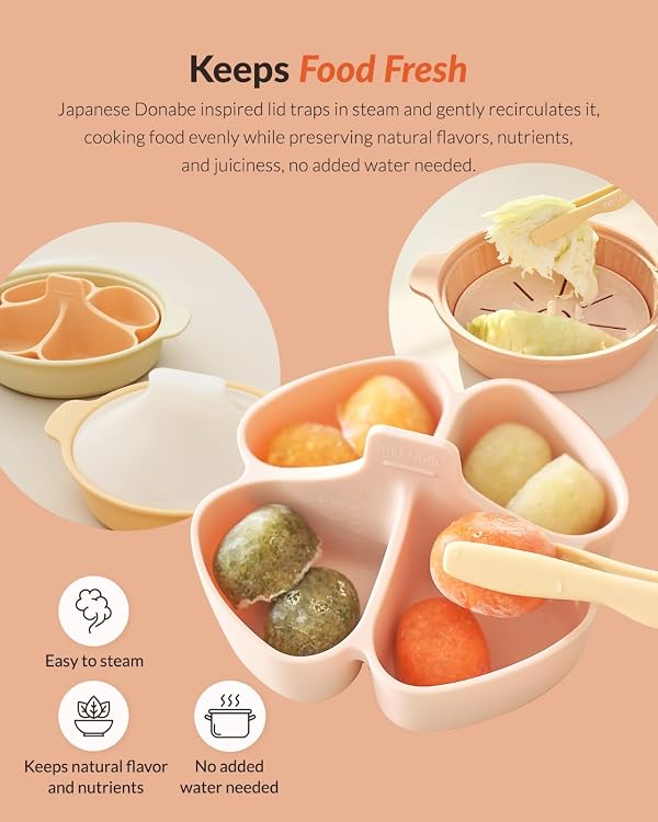 Moyuum Silicone Microwave Divided Steamer | Made in Korea, Baby Food Maker Bowl with 4 Compartment Divider and Steaming Tray, Steam Cooking Pot for Purees and Vegetables, Dishwasher Safe - Terra Cotta by MOYUUM - Image 3