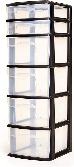 Homz Plastic 6 Clear Drawer Medium Home Storage Container Tower with 4 Large Drawers and 2 Small Drawers, Black Frame