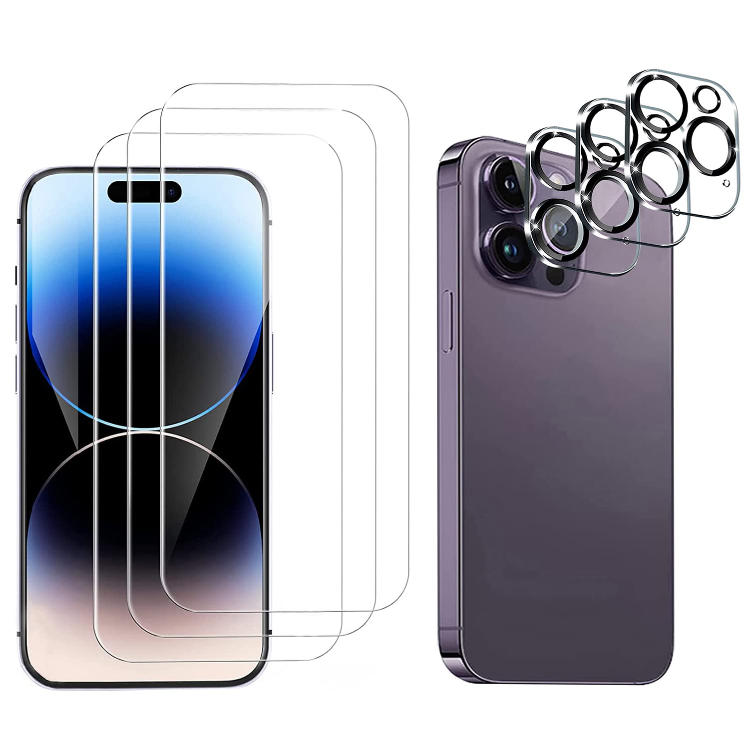 Screen Protector 3 Pack for iPhone 14 Pro[6.1 inch] + 3 Pack Camera Lens Protector Ultra HD Screen Protector Tempered Glass Case Friendly Tempered Glass Film,Easy Alignment Frame [9H Hardness] - HD