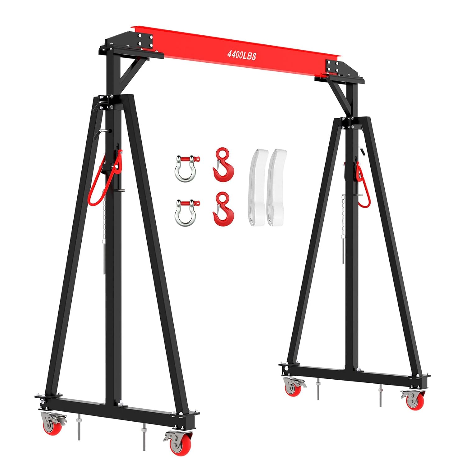 Adjustable Gantry Crane 1 Ton (2200 LBS) with Manual Trolley, Hook and Sling Strap, 12 Locking Positions (97" to 141") with Triangle Base, Portable I-Beam Hoist for Factory, Warehouse, Auto Repair