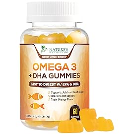 Omega 3 Fish Oil Gummies - Heart Healthy Omega 3 Gummy Supplement with High Absorption DHA & EPA, Extra Strength Joint & Brain Support, Delicious Orange Flavor Fish Oil Nature\'s Vitamin - 60 Gummies