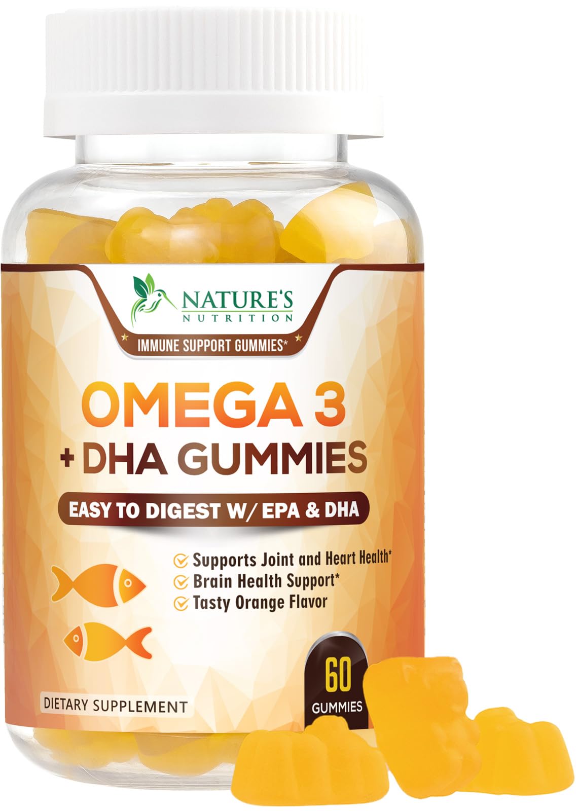 Omega 3 Fish Oil Gummies - Triple Strength Omega 3 Gummy Supplement with High Absorption DHA & EPA - Heart, Joint & Brain Support - Delicious Orange Flavor Fish Oil Nature's Vitamin - 60 Gummies 60 Count (Pack of 1)