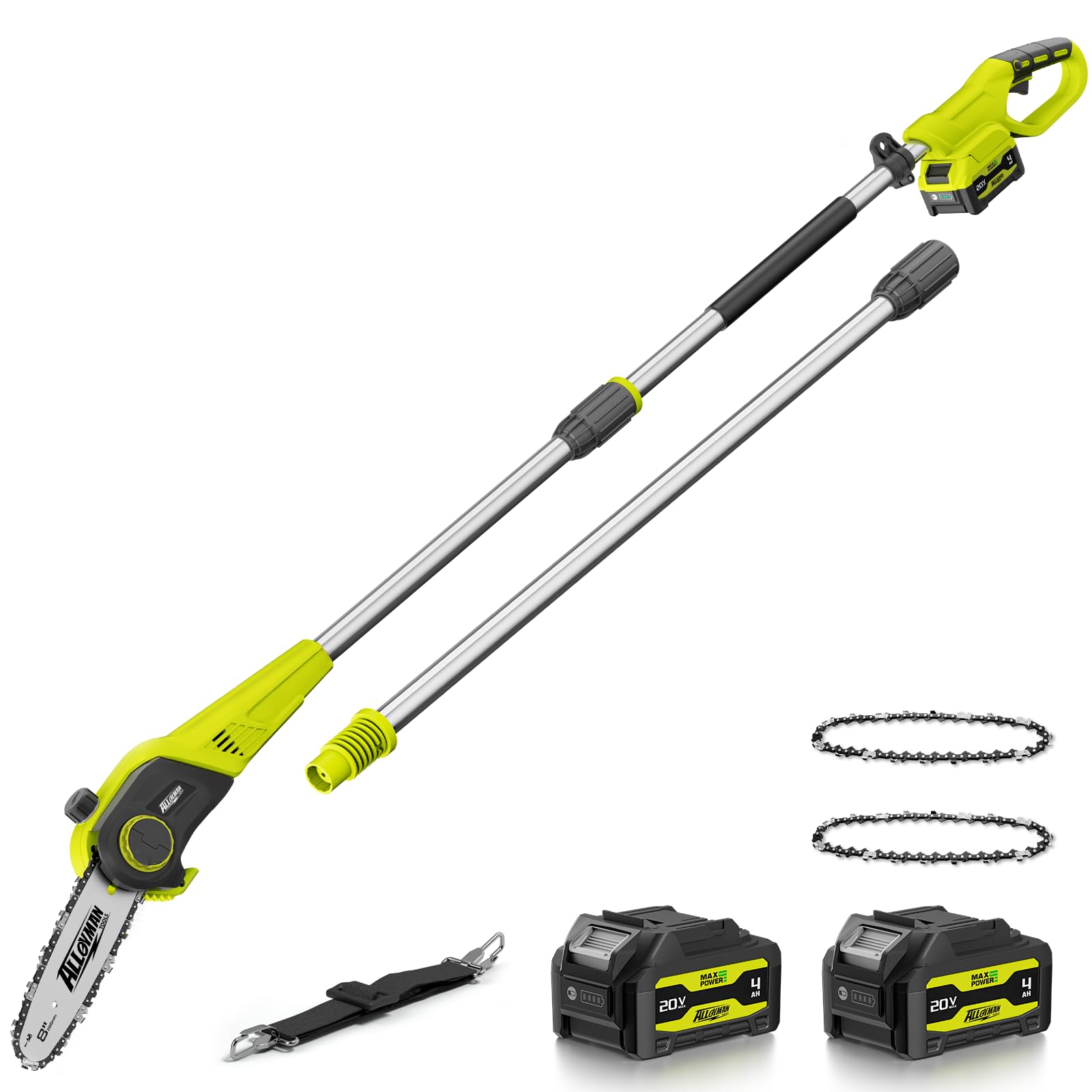 Alloyman 20V Cordless Pole Saw 8-inch, 15 Ft MAX Reach Electric Pole Saw for Tree Trimming, Tree Trimmer for Pruning Branches，with 2 * 4.0Ah Batteries & Charger, 2*Chains