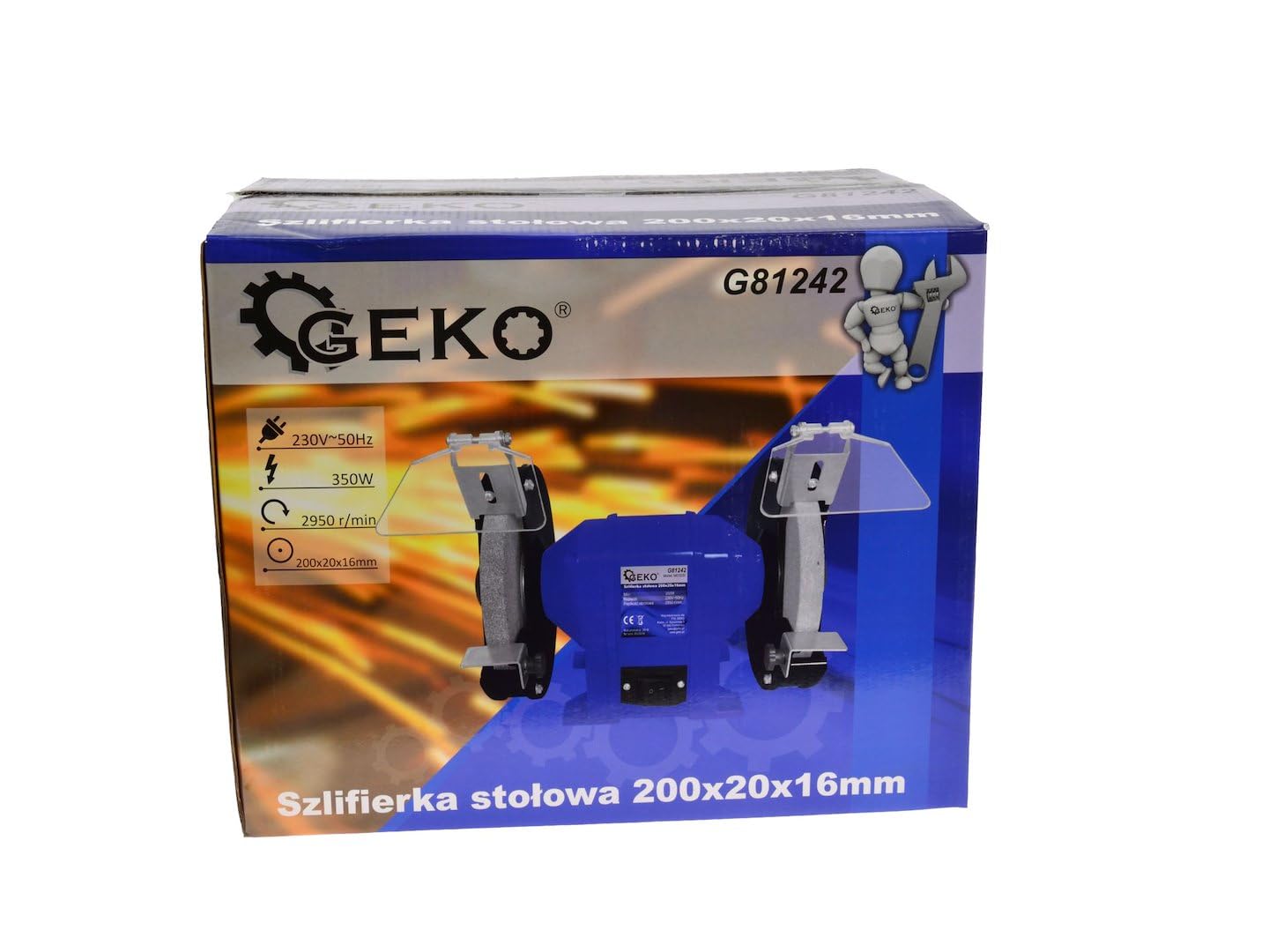 BSD Amoladora de banco profesional con discos de 200 mm para lijar y pulir - Motor 350W, velocidad 2950 rpm, base antideslizante y protectores oculares ajustables.