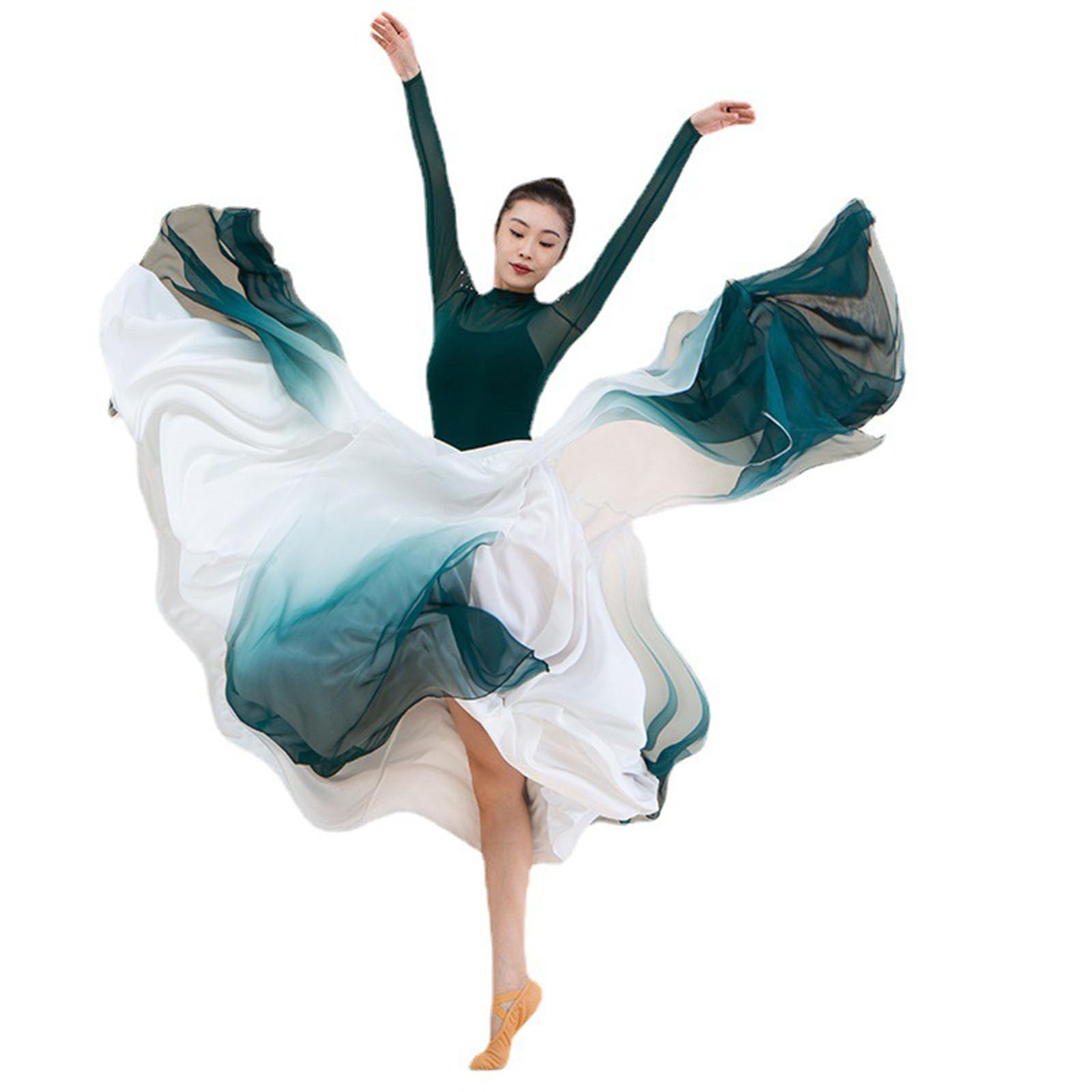 ORIDOOR Women's Fairy Lyric Dance Skirt - Gradient Chiffon Swing Ballet Modern Dance Skirt - White, Blue