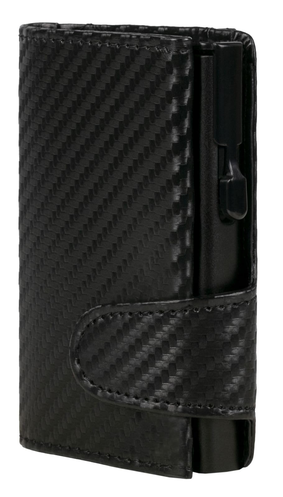 CLICKSAFE® Credit Card Holder with Coin Compartment and Note Compartment Made of Black Faux Leather in Carbon Look with Black Aluminium Safe and RFID Protection (Card Holder, Card Holder, Slim Wallet)