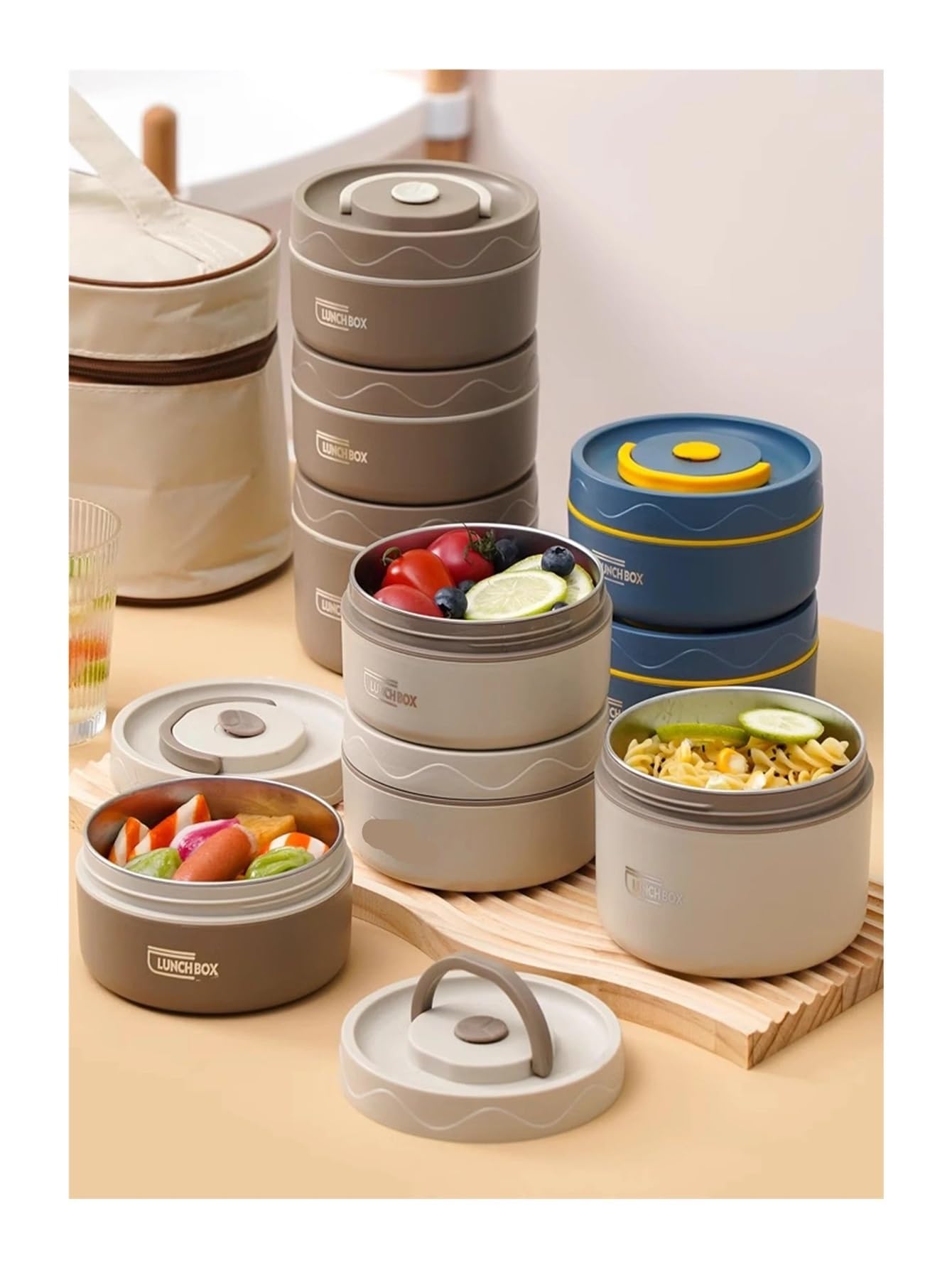 1390 ml, 3-stöckiges, isoliertes, auslaufsicheres Mittagessen aus Edelstahl mit Tragetasche(Khaki)