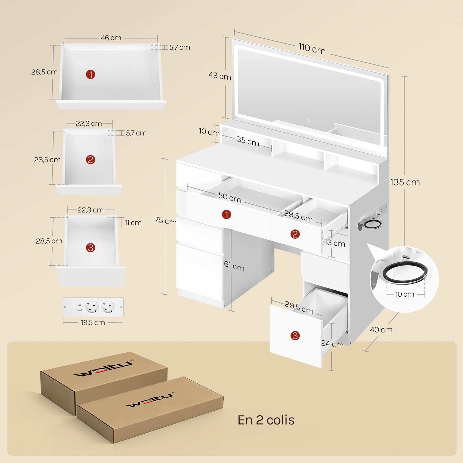 WOLTU Coiffeuse avec Grand Miroir LED et Miroir Grossissant, Table de Maquillage avec Station de Charge, 9 Tiroirs, 3 Étagères & Support Sèche-Cheveux, Meuble Moderne en Bois pour Chambre, Blanche