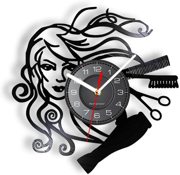 12 inch Clock Wall Decor Hairstyle Beauty Salon Vinyl Record Wall Clock Hair Stylist Salon Barber Shop Retro Black Wall Clock Hairdresser Gifts for Woman for Room Decor