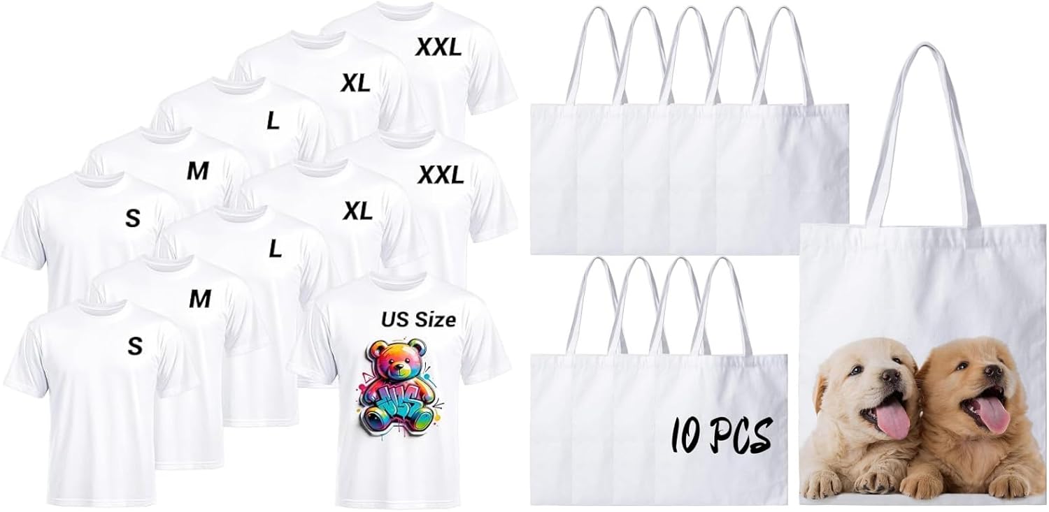 Joyclub Bundle of White T Shirts Polyester Bulk Sublimation Blanks and 10 Pack Canvas Tote Bags