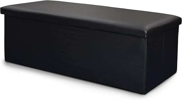 Large Ottoman Storage Box Folding Seat, Storage Stool Faux Leather Toy Chest Practical Bench Blanket Box (Black, 76x38cms)