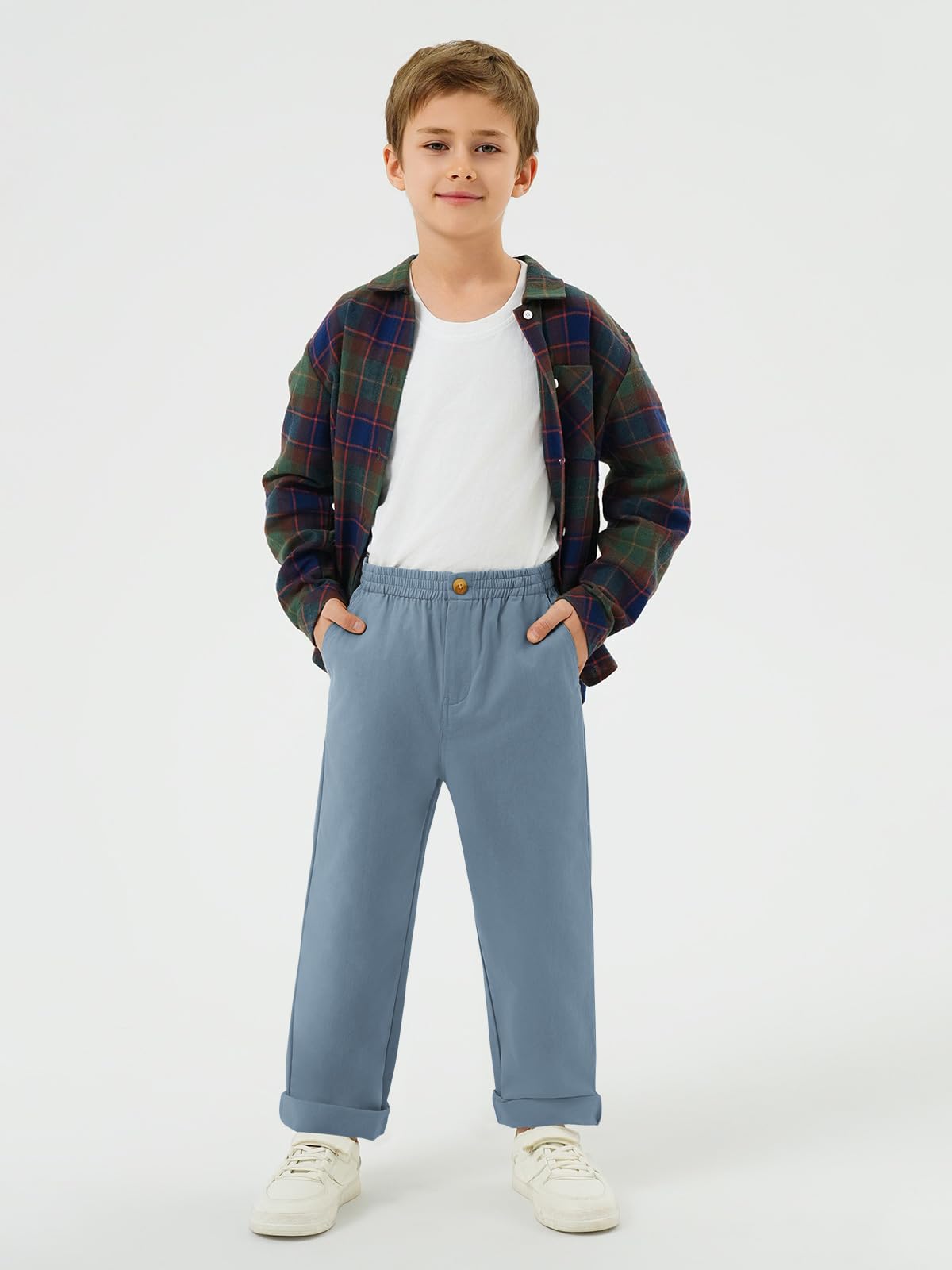 Haloumoning Pantalones chinos de uniforme escolar para niños, cintura elástica, pantalones de sarga con bolsillos, 5-14 años