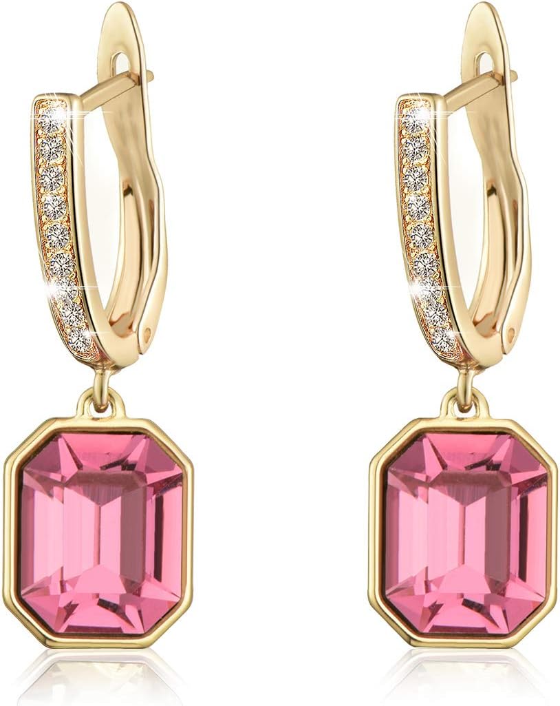 Austrian Crystal Octagon Leverback Drop Earrings for Women 14K Gold Plated Hypoallergenic Jewelry