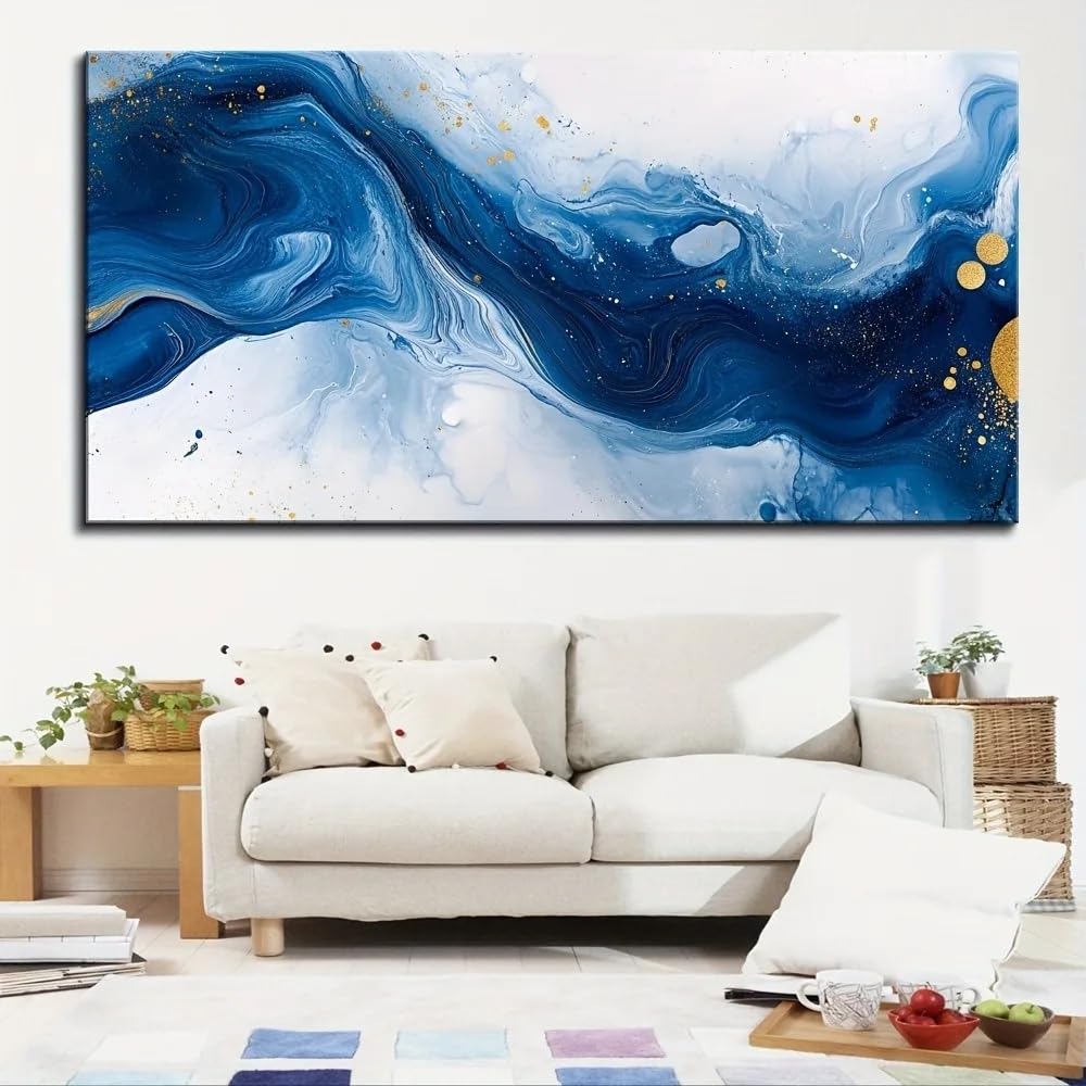GOSRD Modern Wall Artwork Prints Blue And Marble Stone Oil Painting, Abstract Watercolor Ink Line Home Interior Decoration(50X100cm/Frameless)