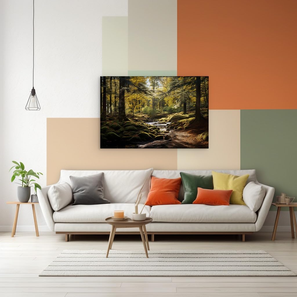 Canvas for Living room. Autumn Serenity: Discover the Tranquility of a Forest Bathed in Fall's Glow, 27 x 18 inch Canvas Wall Art - Contemporary Masterpieces - Modern Home Decor