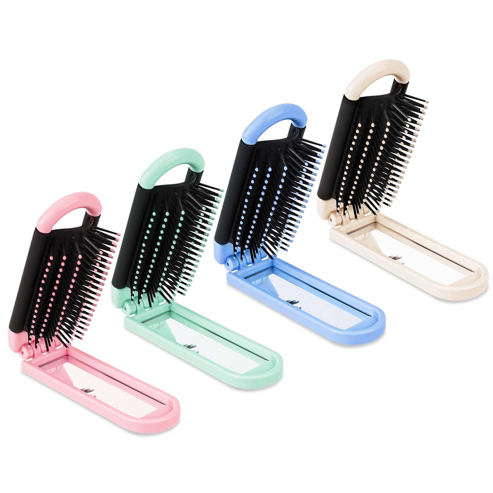 4 PCS Foldable Brush with Mirror Compact, Portable Travel Hair Brush Pocket Size Anti-static Mini Hairbrush Small Compact Massage Comb Hair Styling