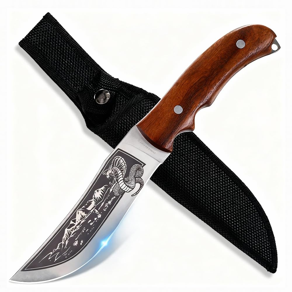 Coltello Outdoor 27cm – Lama Dritta Larga con Incisione Nera Cobra Montagna, Guardia Integrata, Impugnatura Ergonomica Legno di Hêtre Caldo con Fingerkerbe, Compagno Robusto per Attività Outdoor