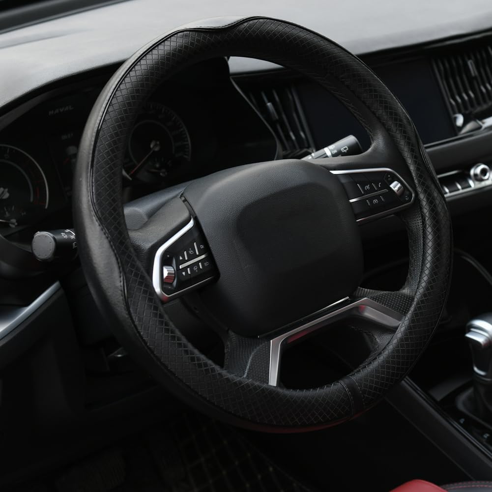 Rueesh Microfiber Leather Steering Wheel Cover, Anti-slip Matte Finish, Soft Padding, Universal 15 Inch Car Steering Cover, Embossing Pattern A, Black with Black Line