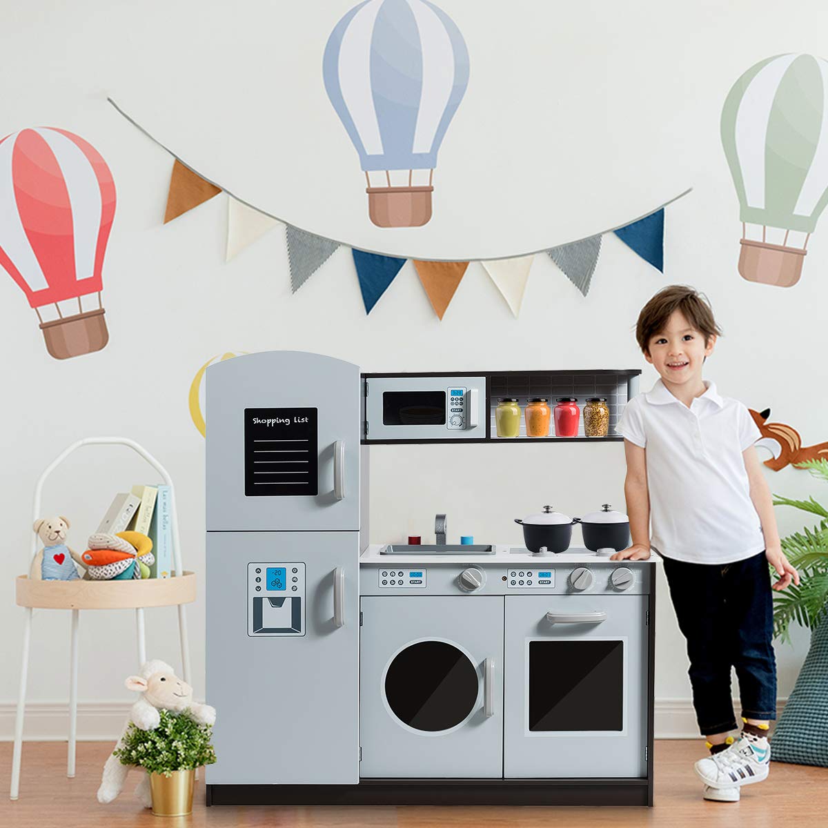 RELAX4LIFE Cucina Giocattolo per Bambini in Legno, Set Cucina di Ruolo con Accessori Diversi, Giocattolo da Cucina con Suoni, per Bambini più di 3 Anni