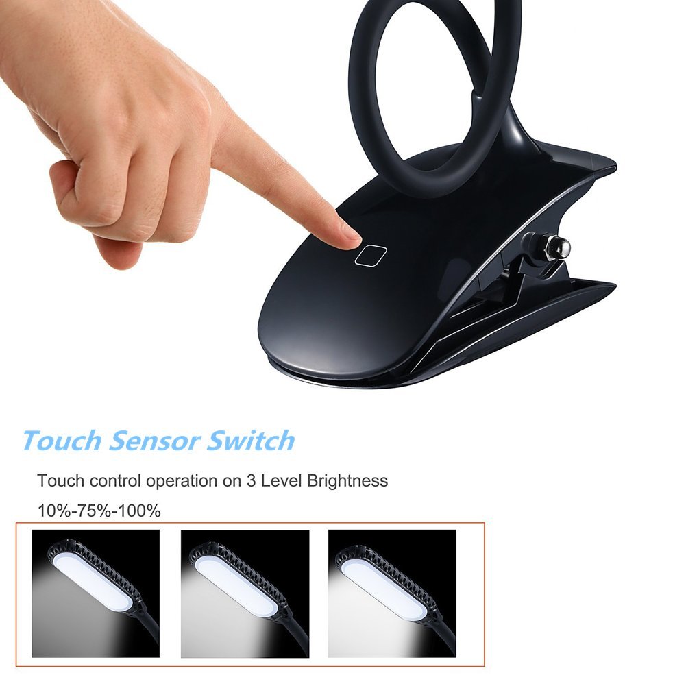 LED Lectura de luz, Pinza Libro Lámpara de Escritorio, Tocar Interruptor Lámpara de mesa, 3 Niveles Regulable Iluminación, 12 Bombillas Luces de la cabecera para Lectura y Estudio