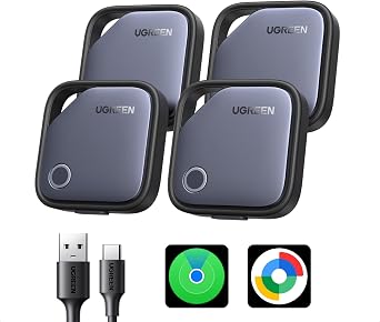 UGREEN Finder Duo iOS and Android Air Tracker Tags 4 Pack, Rechargeable Android Tracker Tags Bluetooth Key Finder Compatible with iOS and Android for Keys, Luggage and More