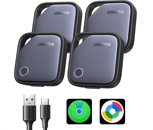 UGREEN FineTrack Duo — Pack de 4 traqueurs Bluetooth rechargeables USB‑C (iOS/Android) compatibles Find My / Find Hub pour clés, portefeuille, sac et valise