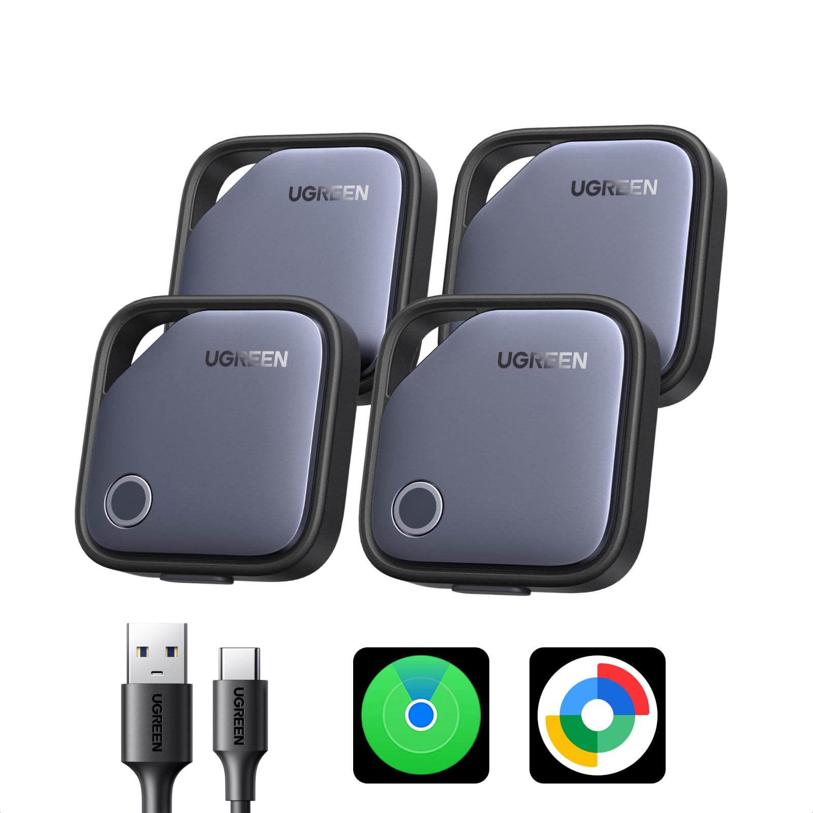 UGREEN FineTrack Duo Supporto iOS Find My o Android Find Hub Smart Finder Ricarica USB-C Localizzatore SmartTag Tracker Bluetooth per Chiavi Bagaglio Portafoglio Bicicletta Zaino Borsa (4 pezzi)