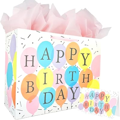 Giwyylo Birthday Gift Bag with Tissue Paper and Greeting Card, 13โx10.2โx4.9โ Paper Wrap Bag with Handles,Present Bag for Men & Women (Ballon)