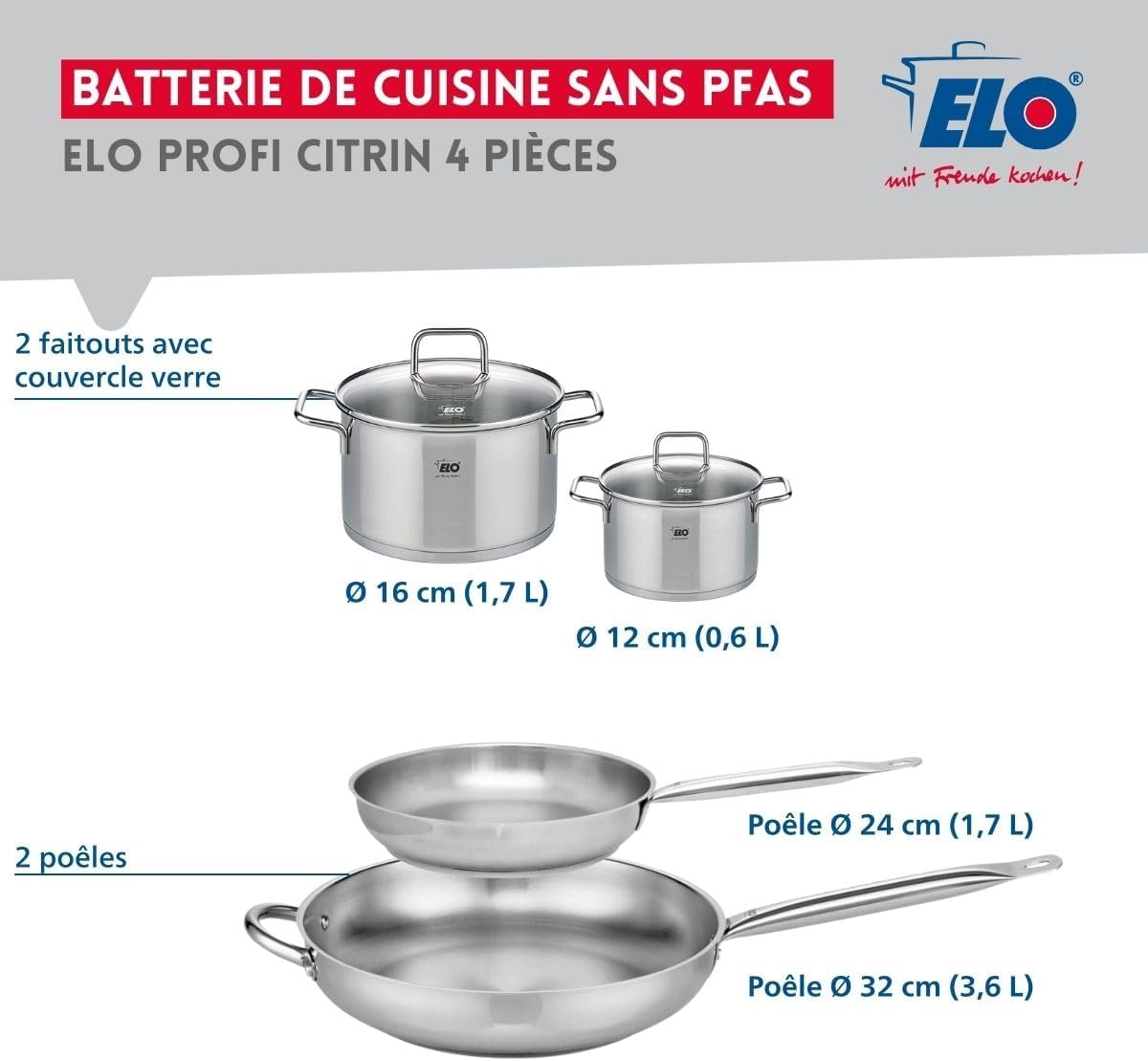 ELO 9505250 Cookware Set 4 Pieces 2 Frying Pans 24 and 32 cm and 2 Saucepans 12 and 16 cm Elo Profi Citrine Stainless Steel Induction
