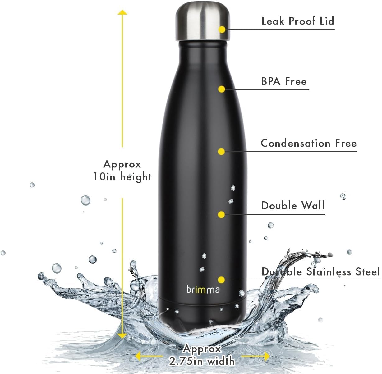 Brimma Insulated water bottle, Double Wall Vacuum Insulated, Simple Modern Water Bottle, for Sports and Travel, BPA Free - 17 Oz Black (500 ml) - Image 3