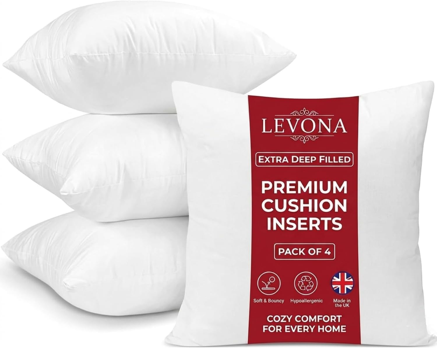 Levona White Pack Of 4 Cushion Inserts 45X45cm (18X18 Inch),Outdoor Cushions, Perfect Hollowfibre For Sofa Cushion Pads Cushion Supportive Bounce Back Comfort