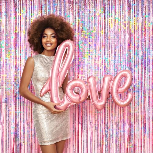 Image of 4 Packs Pink Foil Fringe Curtain, Pink Glitter Metallic Tinsel Backdrop for Birthday, Wedding, Baby Shower, Princess Bachelorette Cowgirl Party Decorations Supplies