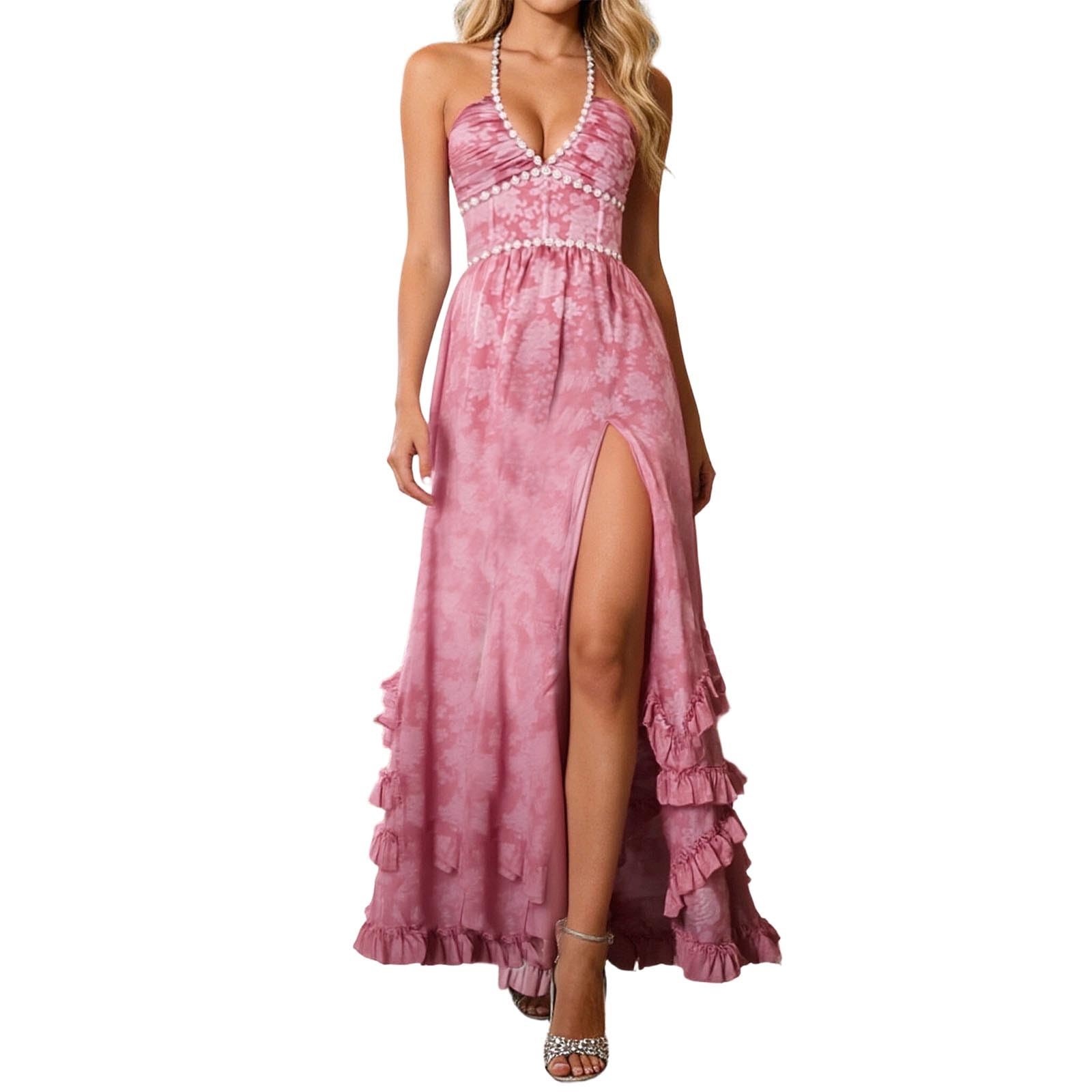 Abito floreale da donna con scollo all'americana e spacco alto, sexy, elegante, in chiffon, per matrimoni, balli, feste, estate, occasioni festive